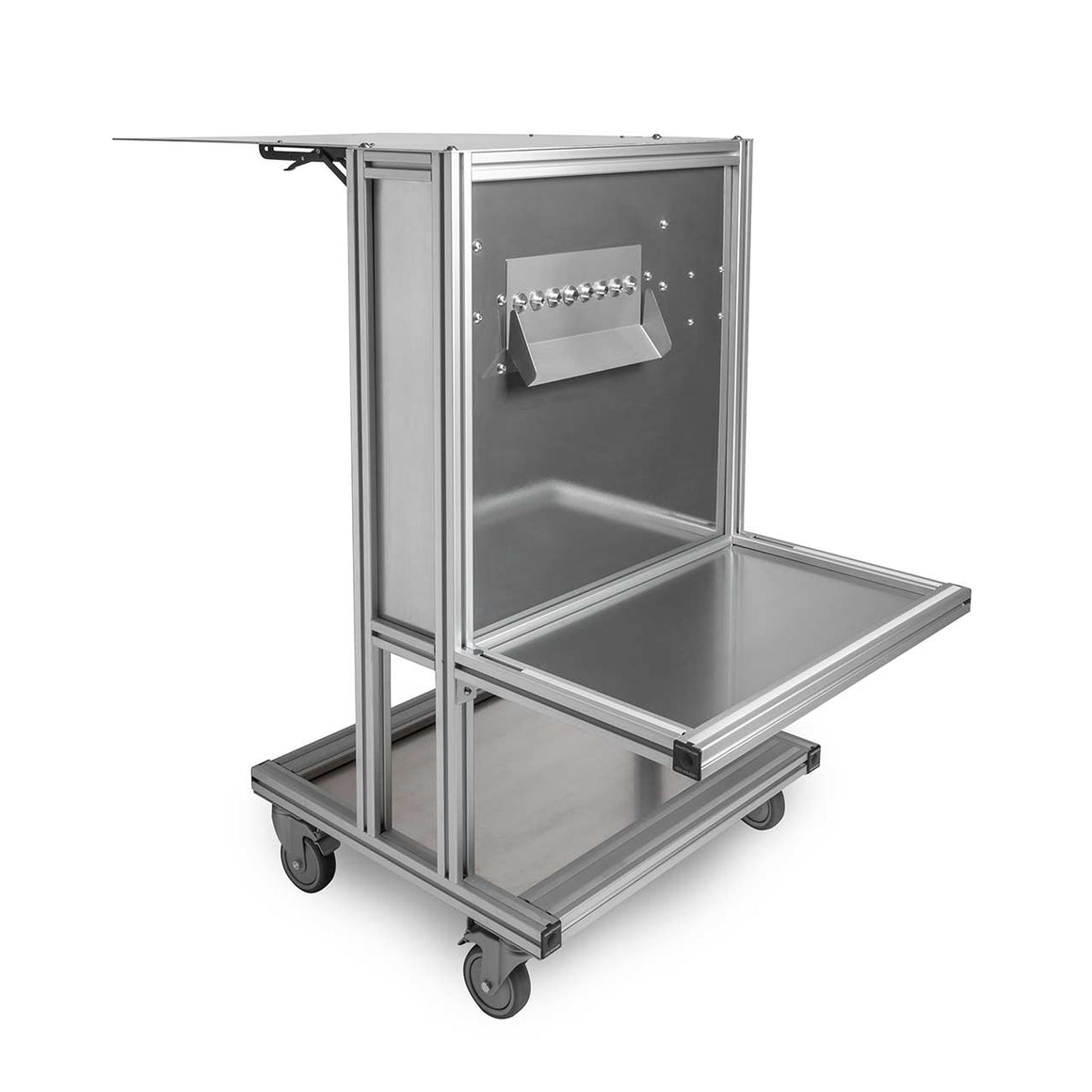 EZTrim bud bucker mobile machine with fold-out tables, stainless steel surfaces, and debudder spouts.