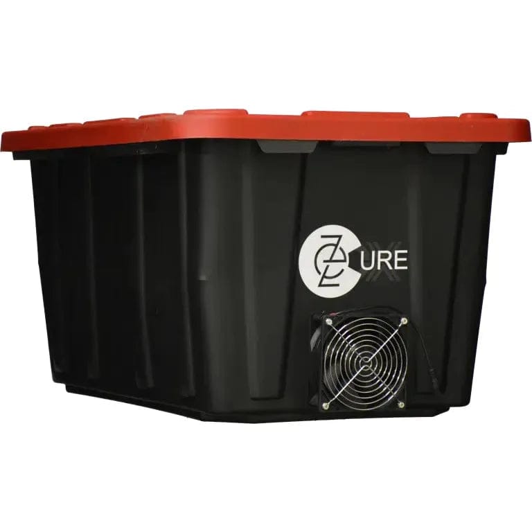 Black curing bin with red lid, featuring "EZ Cure" logo and a fan vent.