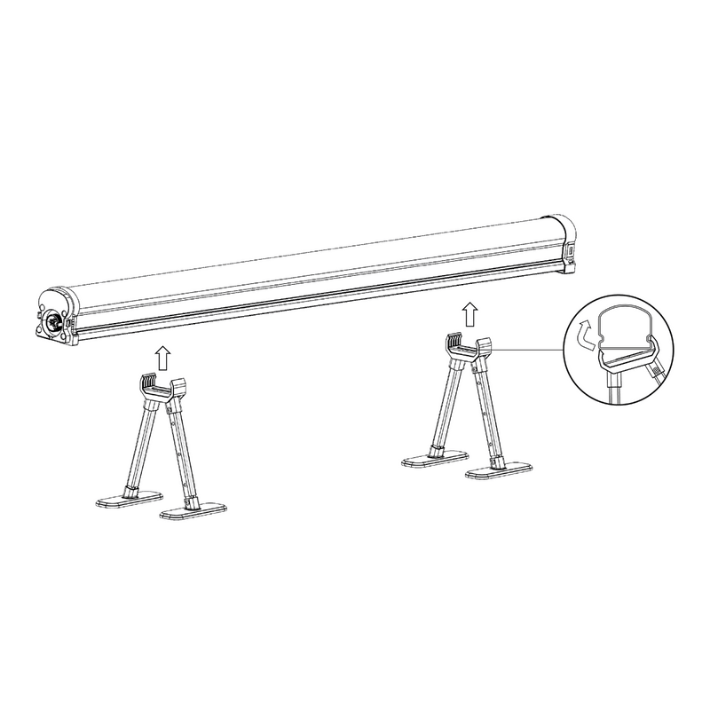 Black and white line drawing of a large banner or screen on adjustable A-frame stands.