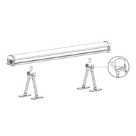 Black and white line drawing of a large banner or screen on adjustable A-frame stands.
