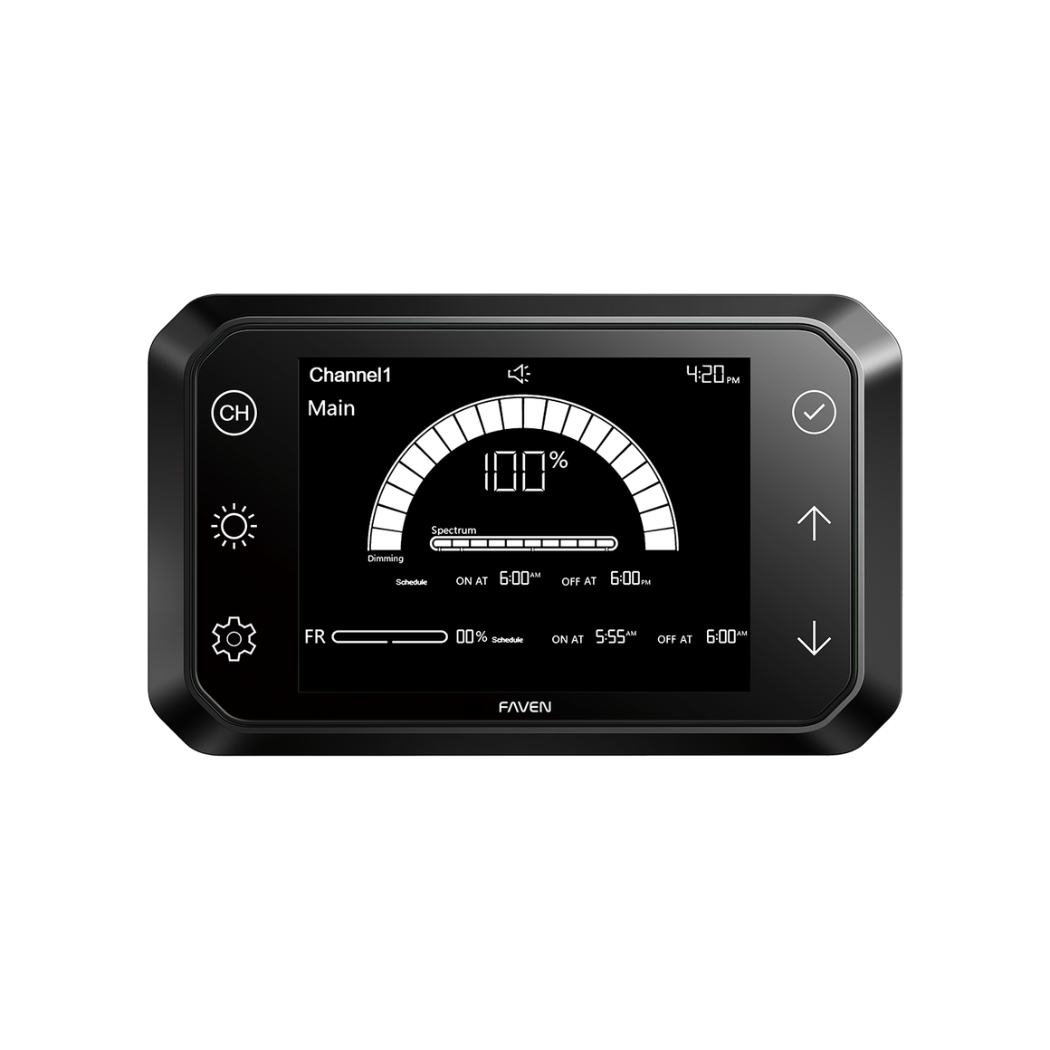 Faven Chroma CX2 controller displaying "Channel1 Main" with 100% spectrum, dimmer, and schedule settings.