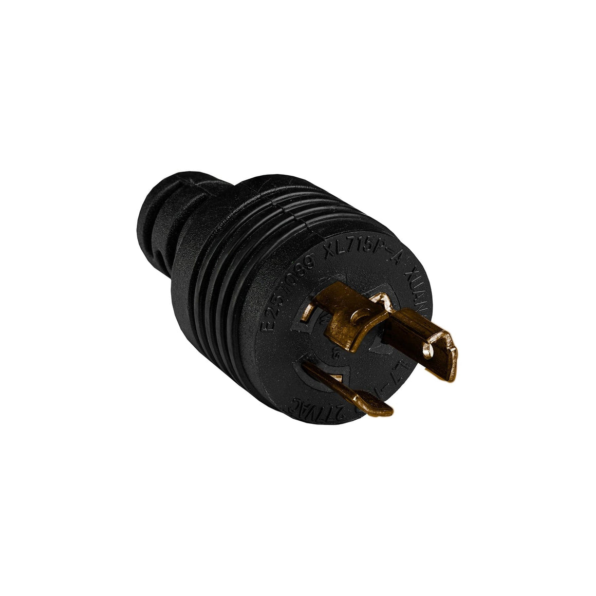 Black NEMA L7-15P plug with brass contacts and imprinted model numbers.