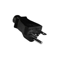 Black grounded electrical plug with two prongs and a third round grounding pin.