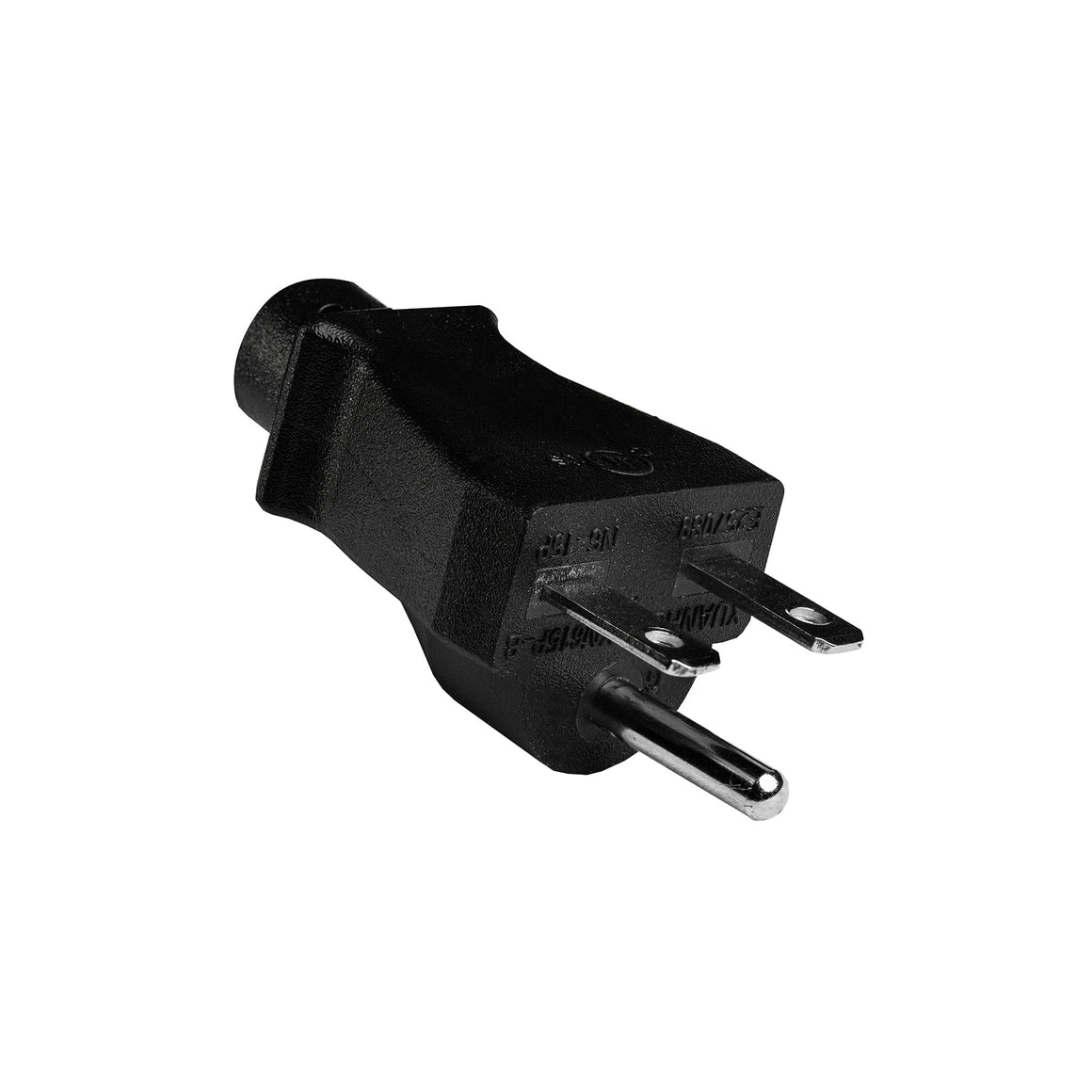Black NEMA 5-15P power plug with two flat prongs and a rounded grounding pin.