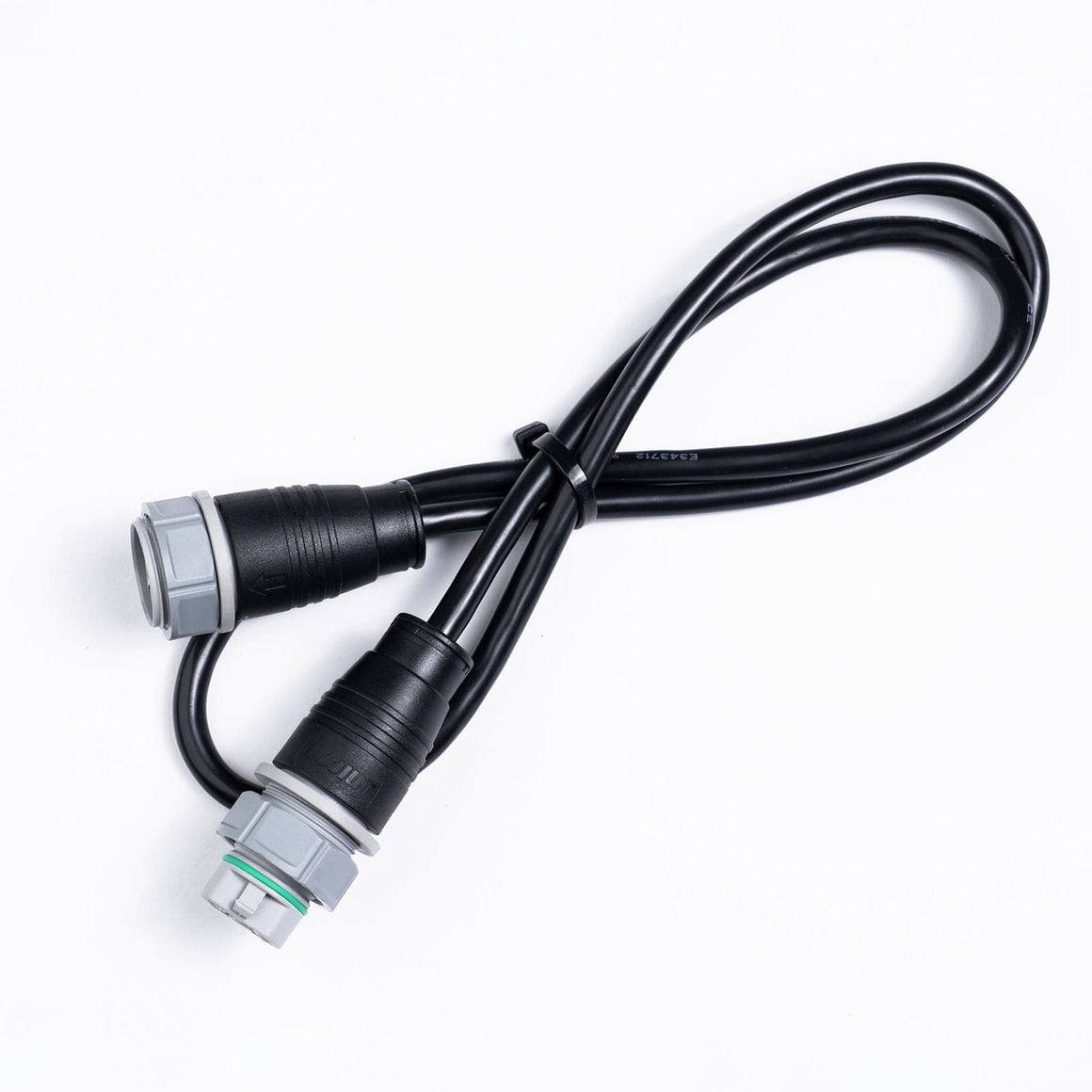 A black power cable with two gray and black connectors, on a white background.