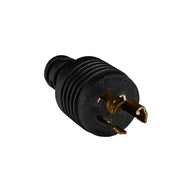 Black electrical plug with brass prongs, labeled 