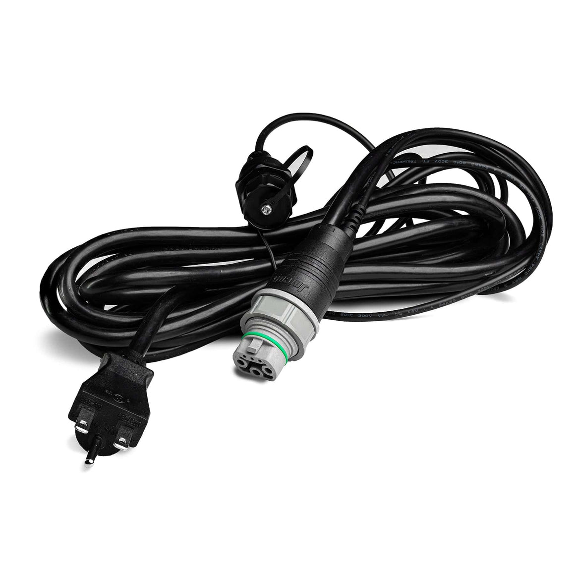 Black power cord with a NEMA 5-15P plug and a round 4-pin connector, on a white background.