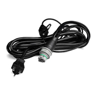 Black power cord with a NEMA 5-15P plug and a round 4-pin connector, on a white background.