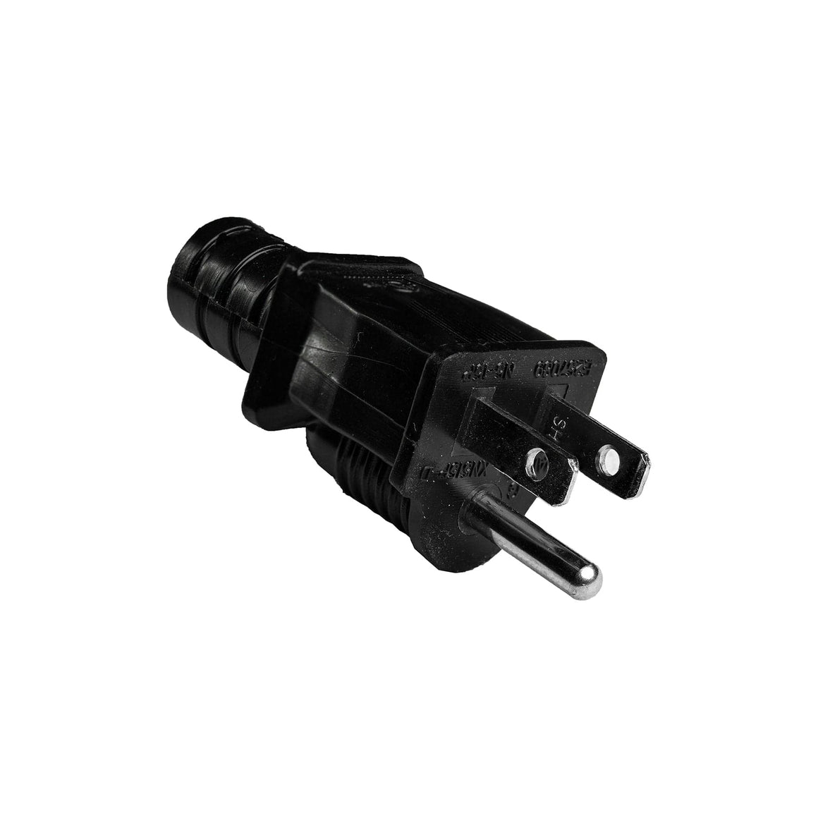 Black three-prong electrical plug with silver prongs and ridges on the cord base.