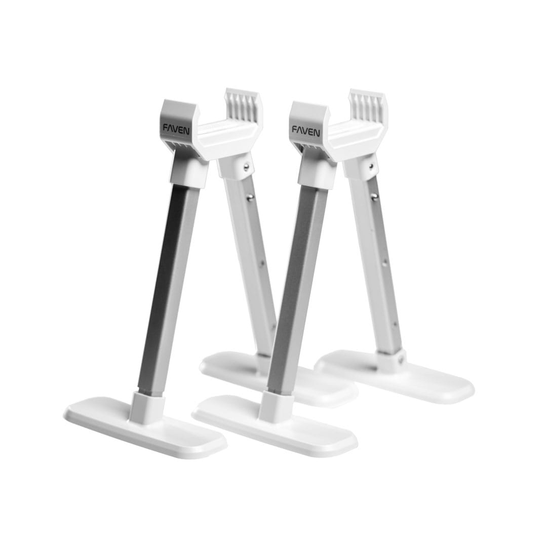 Two white and grey Faven brand adjustable light stands, displayed with a white background.