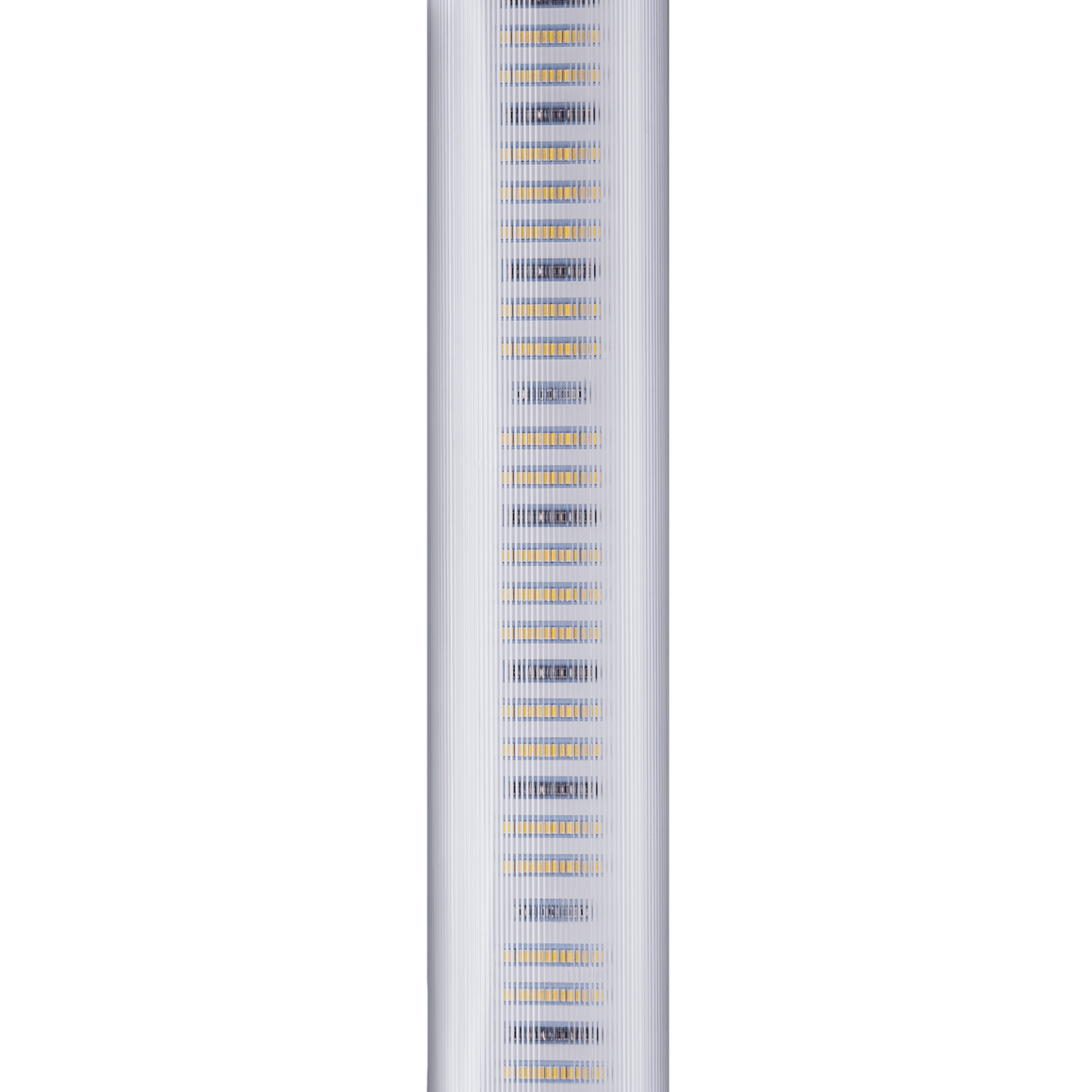 A vertical shot of a white ribbed light fixture with rows of small yellow LED lights inside, against a white background.