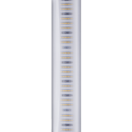 A vertical shot of a white ribbed light fixture with rows of small yellow LED lights inside, against a white background.