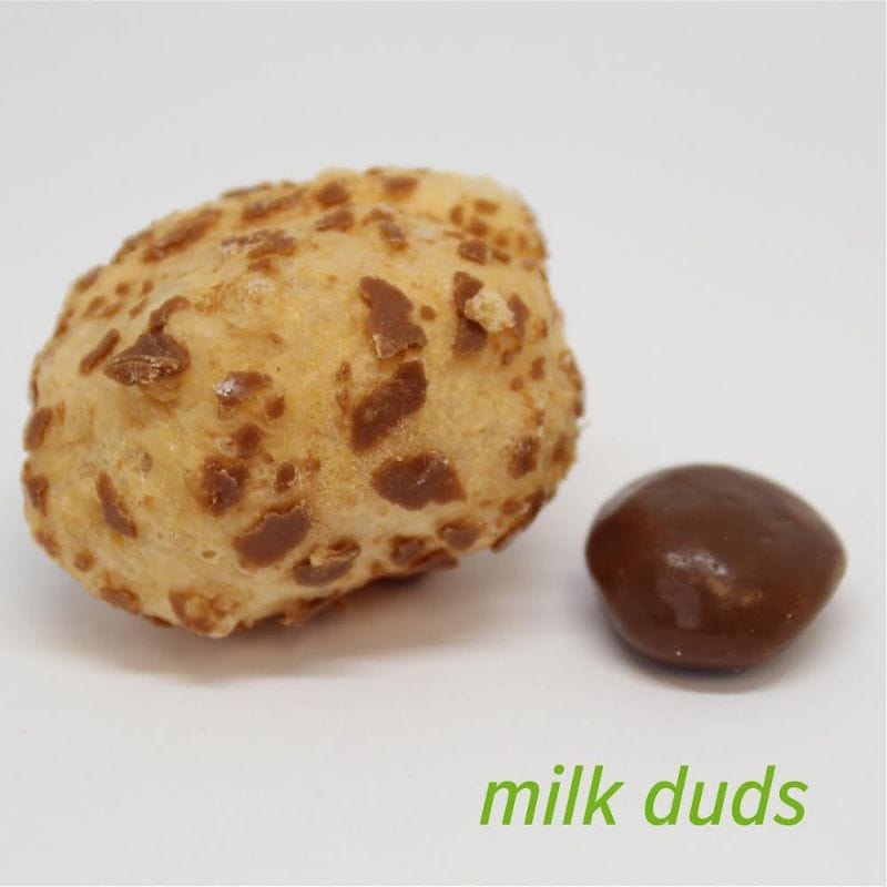 A light brown, speckled freeze-dried Milk Dud next to a small, smooth, dark brown Milk Dud candy.