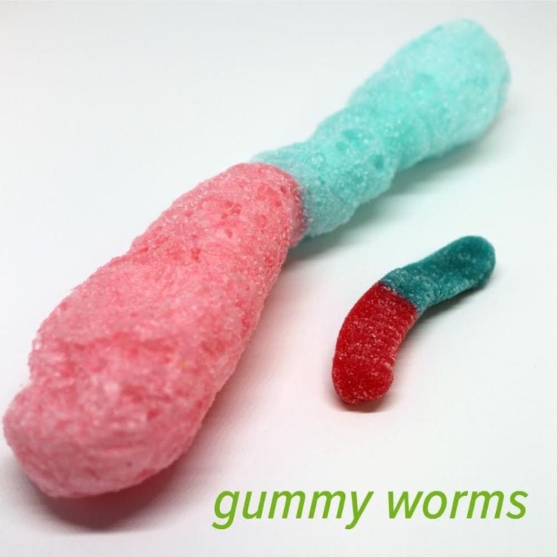 Two sour gummy worms, large pink/blue and small red/blue, on a clean white surface.
