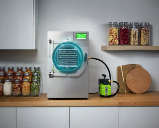 Harvest Right freeze dryer with jars of dehydrated food.