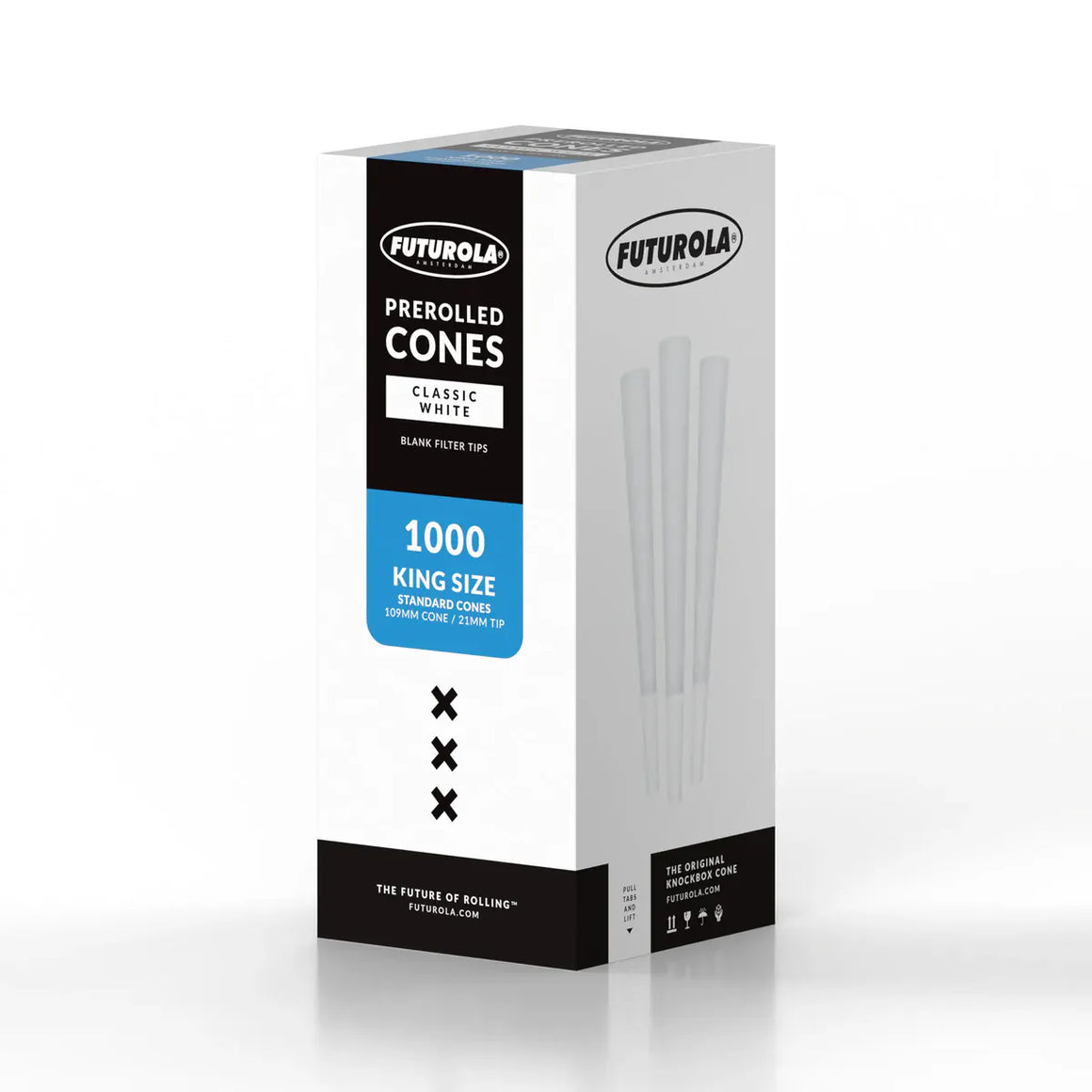 Futurola King Size pre-rolled cones, classic white, 1000 count with blank filter tips.