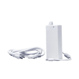 White power adapter, showing a detachable AC cord with a US plug and a DC output barrel connector.