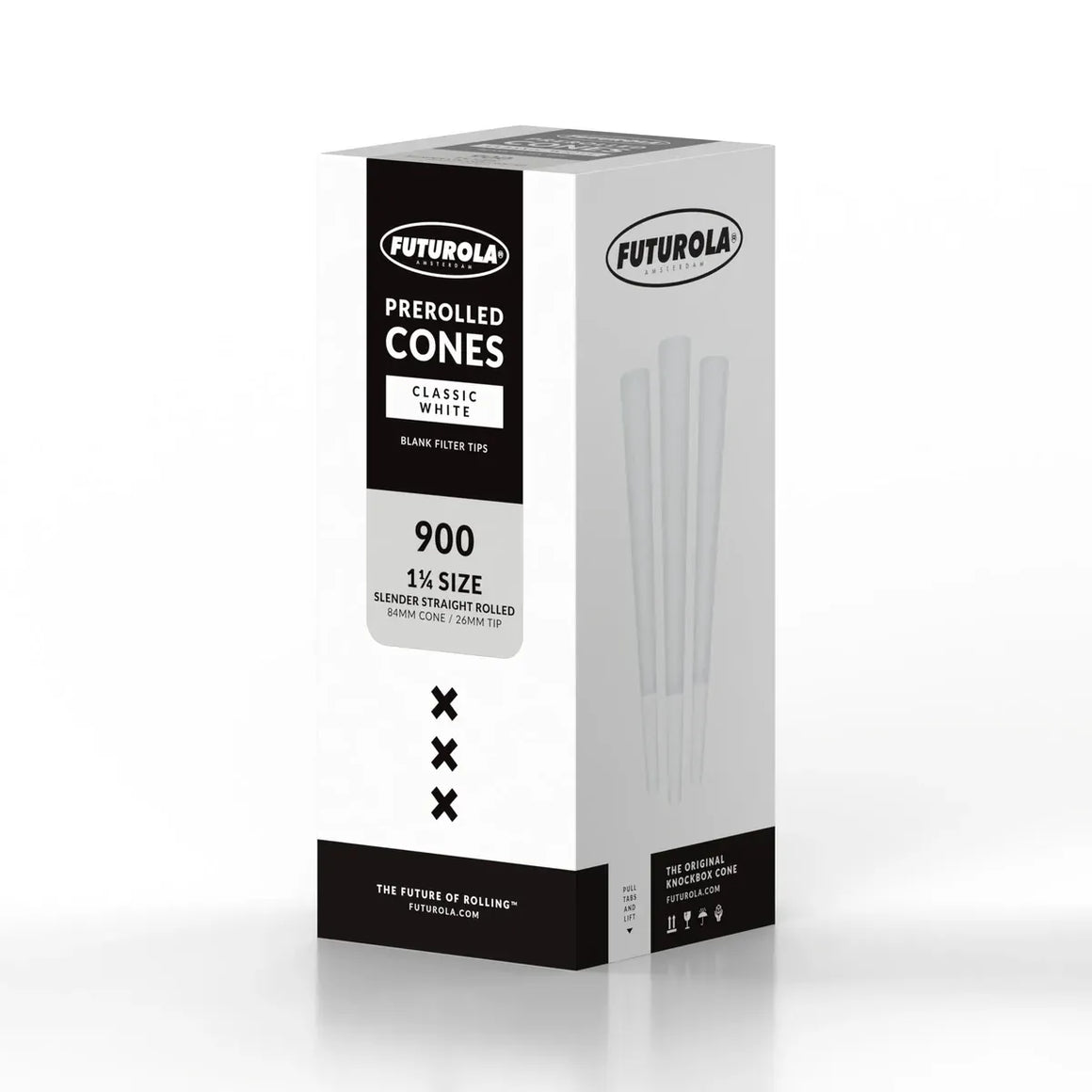 Futurola 1 1/4 size prerolled cones box with 900 classic white, slender straight rolled cones.