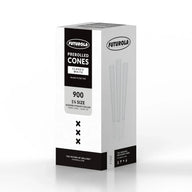 Futurola 1 1/4 size prerolled cones box with 900 classic white, slender straight rolled cones.
