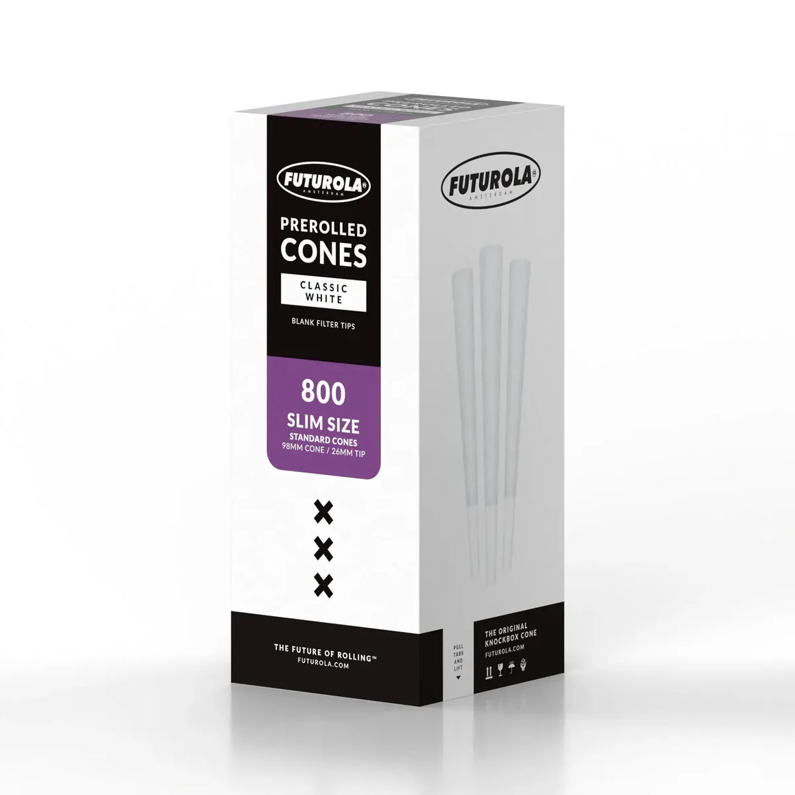 Futurola Slim Size Prerolled Cones box, 800ct, Classic White, 98mm/26mm tip.
