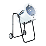 Futurola Super Mega Pre-Roll Shredder, Grinder, Sifter machine on a white body with blue internal elements, on a black mobile stand.