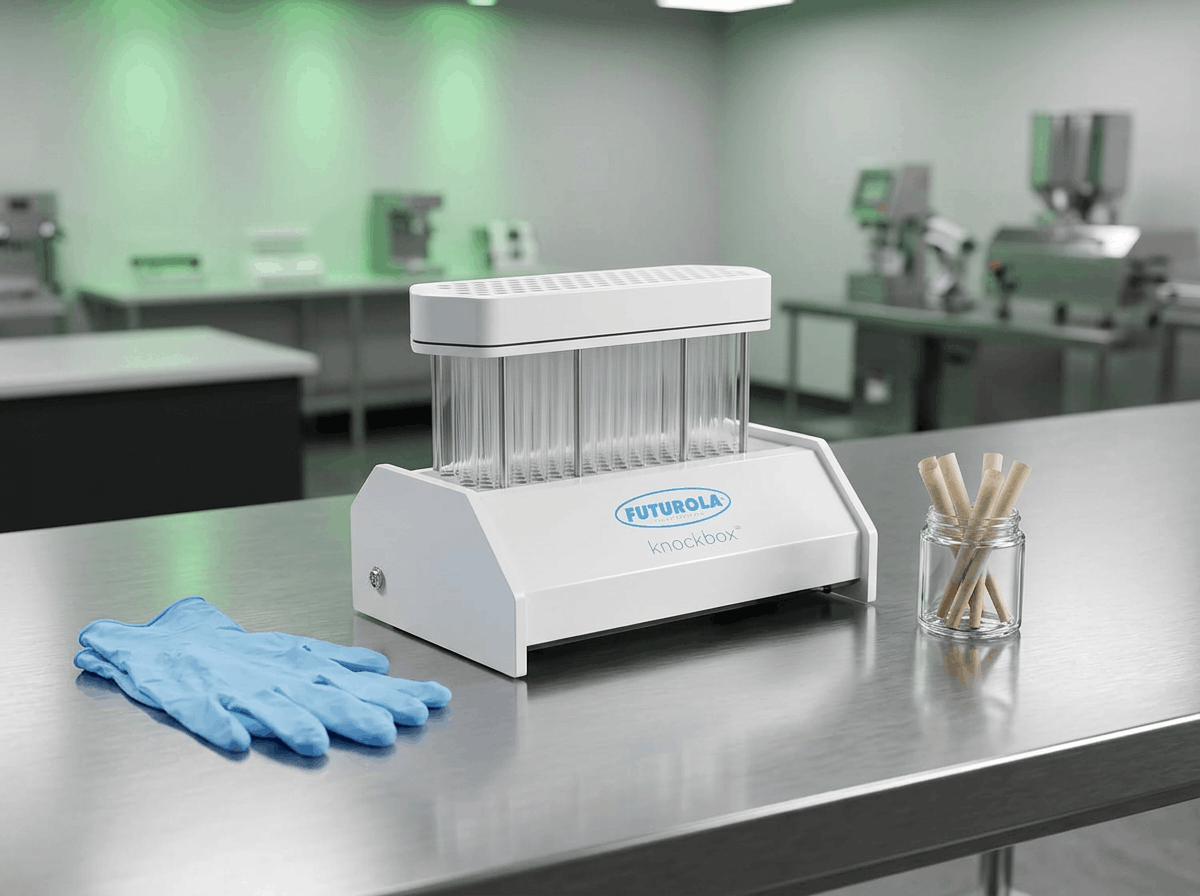 Futurola Knockbox for pre-rolled cones, with blue gloves and filled cones in a jar.