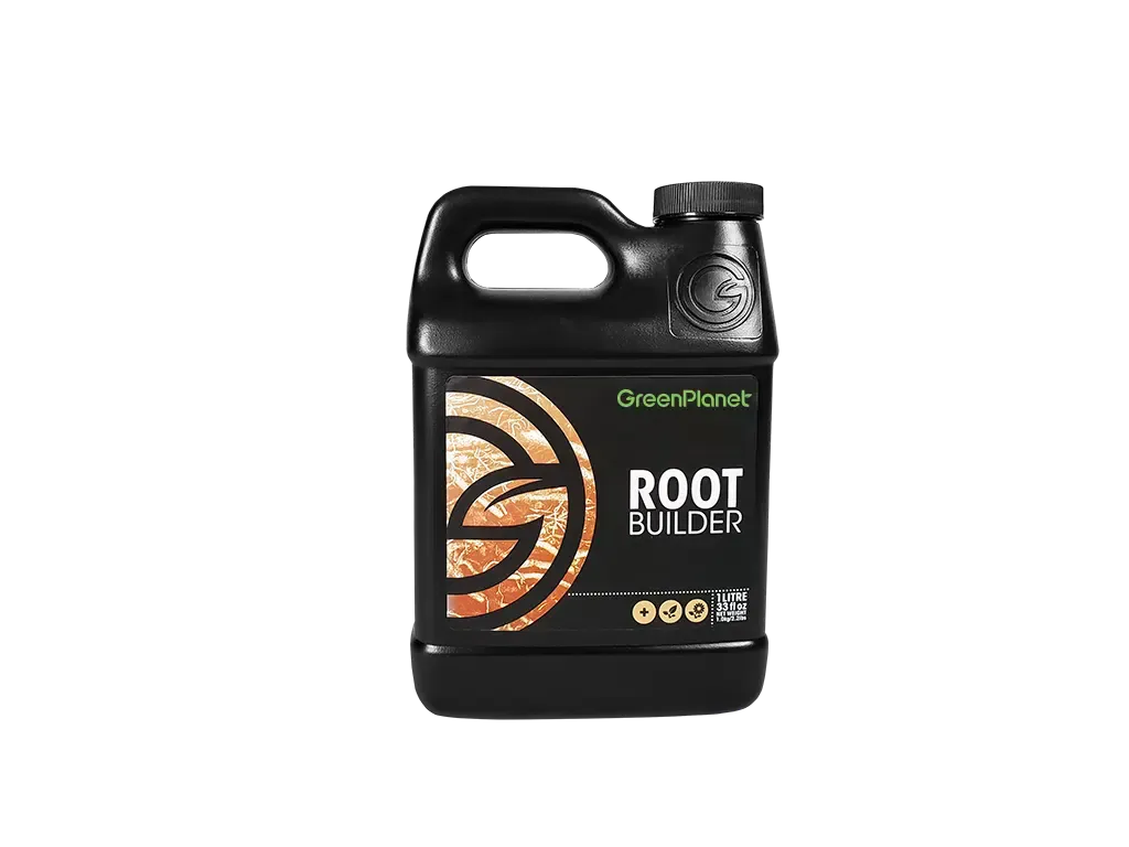 Black Green Planet Root Builder bottle with orange leaf logo and white text.