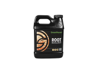 Black Green Planet Root Builder bottle with orange leaf logo and white text.