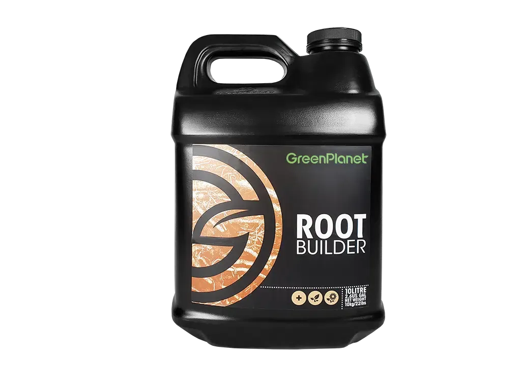 GreenPlanet Root Builder 10L jug with orange swirl design on black background.