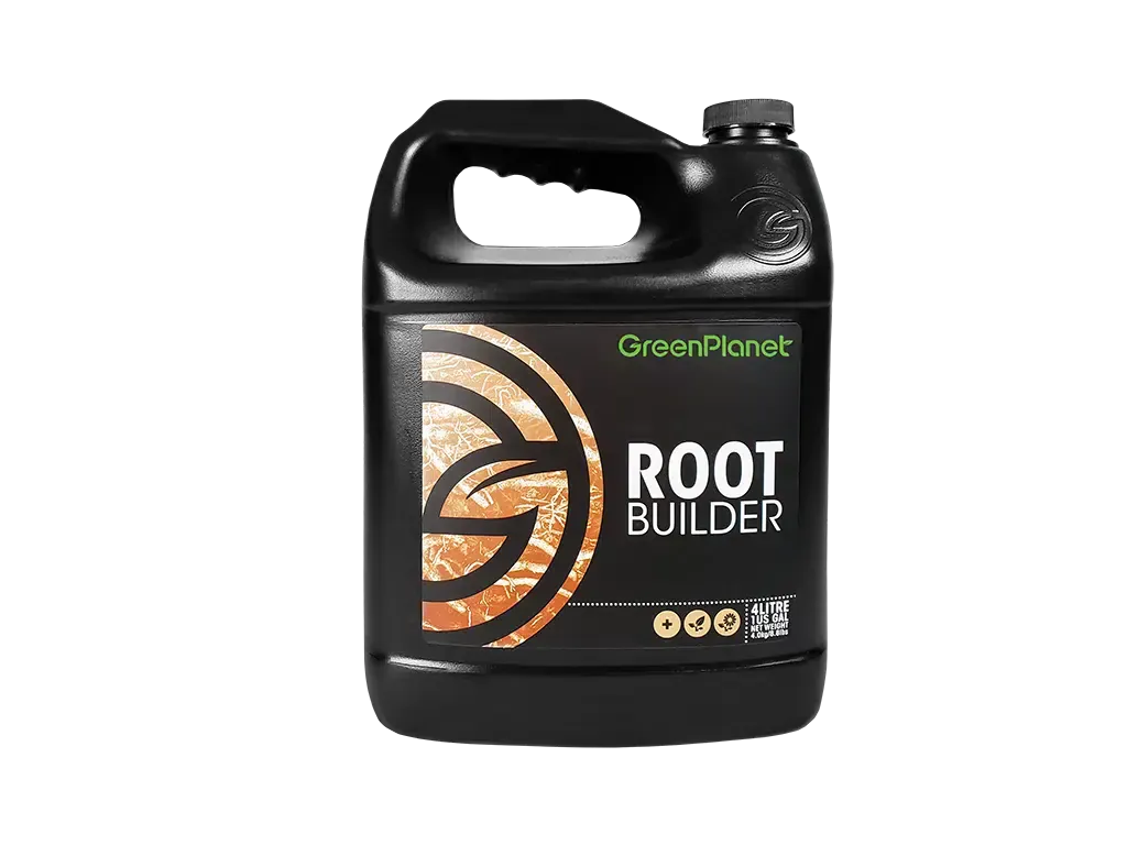 Black jug of GreenPlanet Root Builder nutrients with orange and white label, isolated on black.