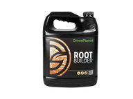 Black jug of GreenPlanet Root Builder nutrients with orange and white label, isolated on black.