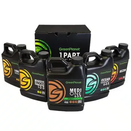 GreenPlanet 1 Part Medi One Starter Kit: multiple black nutrient bottles with green, yellow, and red labels.