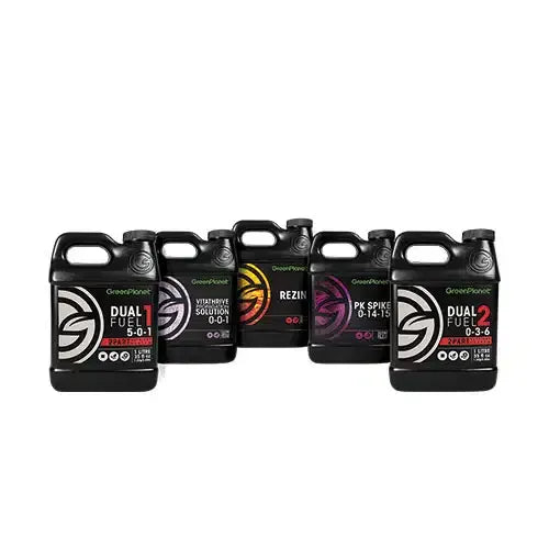 Green Planet Dual Fuel starter kit with 5 bottles of liquid plant nutrients.