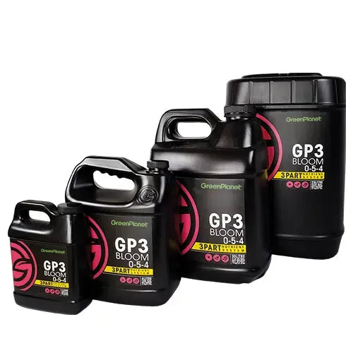 Four black bottles of GreenPlanet GP3 Bloom 0-5-4 nutrient system in varying sizes.