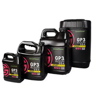 Four black bottles of GreenPlanet GP3 Bloom 0-5-4 nutrient system in varying sizes.
