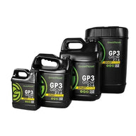 Green Planet GP3 Grow nutrient bottles in various sizes.