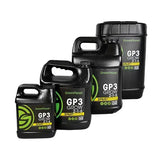 Green Planet GP3 Grow nutrients: four black jugs with green and yellow labels.