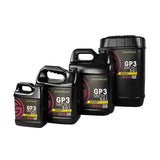 Green Planet GP3 Micro 5-0-1 nutrient bottles in various sizes arranged for display.