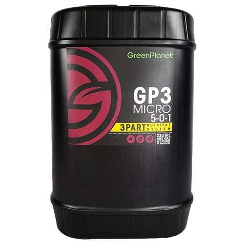 Black nutrient jug with GreenPlanet logo and "GP3 MICRO 5-0-1" text.