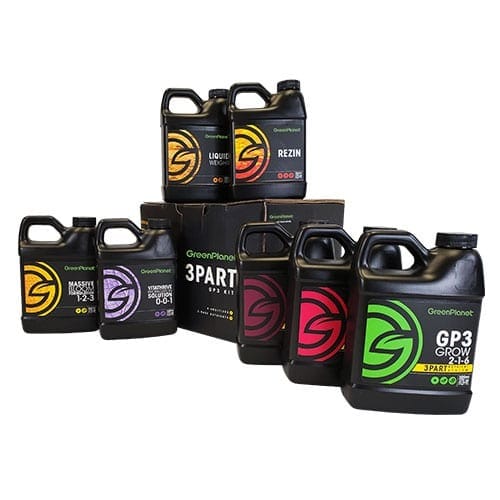 Green Planet 3 Part GP3 Starter Kit bottles, various sizes and colors, arranged on a white background.