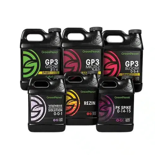 Green Planet GP3 nutrients: Grow, Micro, Bloom, VitaThrive, Rezin, and PK Spike bottles.