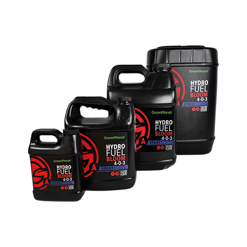 Black Green Planet Hydro Fuel Bloom fertilizer bottles in various sizes.