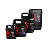 Black Green Planet Hydro Fuel Bloom fertilizer bottles in various sizes.