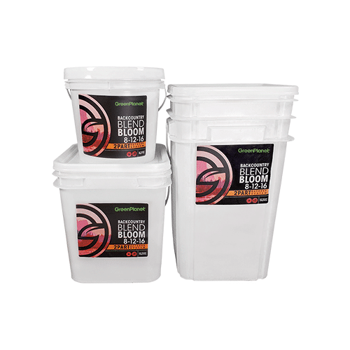 Green Planet Backcountry Blend Bloom 8-12-16 fertilizer buckets.