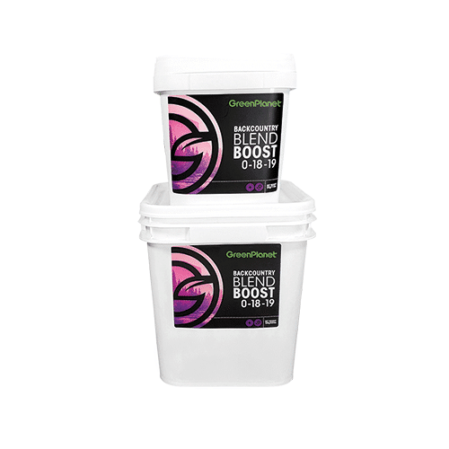 Green Planet Backcountry Blend Boost 0-18-19 fertilizer in two white tubs.