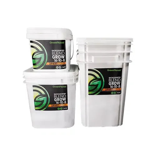Green Planet Backcountry Blend Grow 16-10-8 fertilizer buckets.