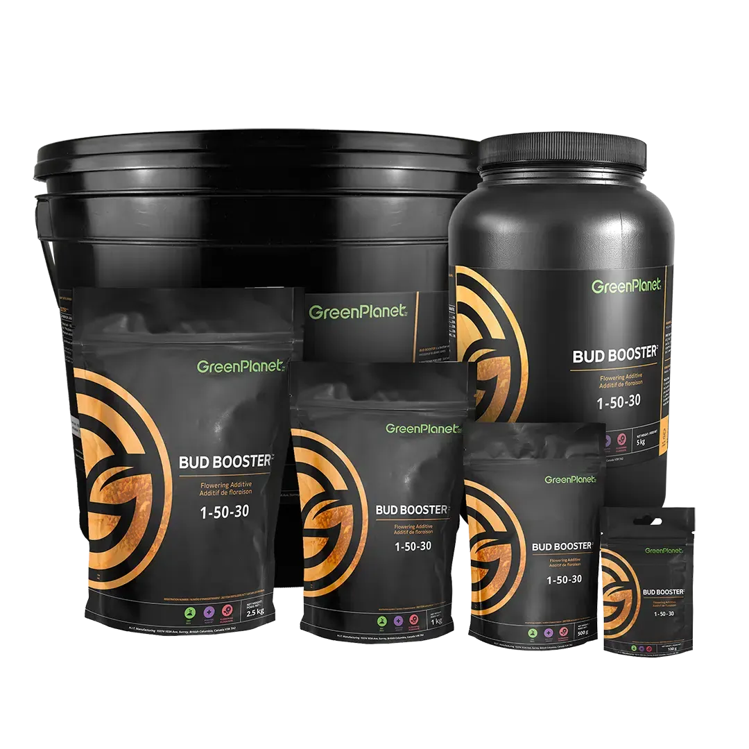 Green Planet Bud Booster nutrient products in black packaging with orange graphic design.
