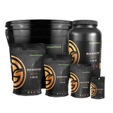 Green Planet Bud Booster nutrient products in black packaging with orange graphic design.