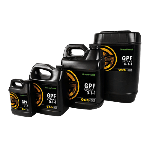 Black GreenPlanet GPF Uptake bottles in various sizes, featuring a yellow circular logo and product information.