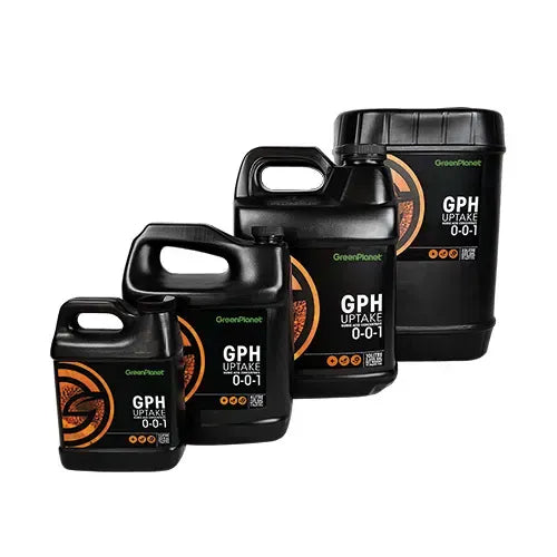 Black jugs of GreenPlanet GPH Uptake 0-0-1 fertilizer.